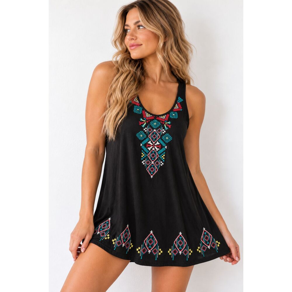 Roper Black Embroidered Tank Dress Womens S Western Boho Geometric Sleeveless
